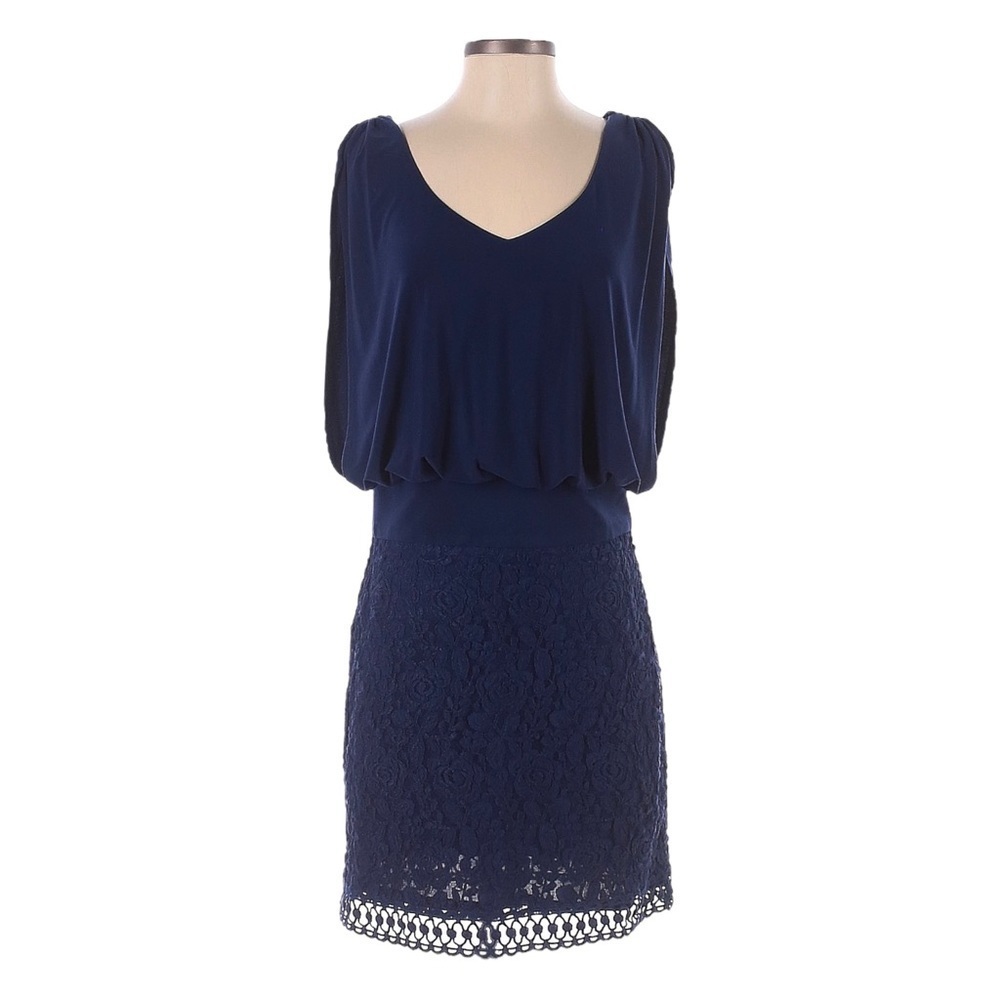 Laundry By Shelli Segal Navy Blouson Lace Dress 2 Sleeveless Crochet Sheath Mini